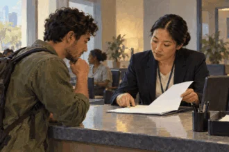 Conceptual painting of a consular worker and traveler reviewing blank documents.