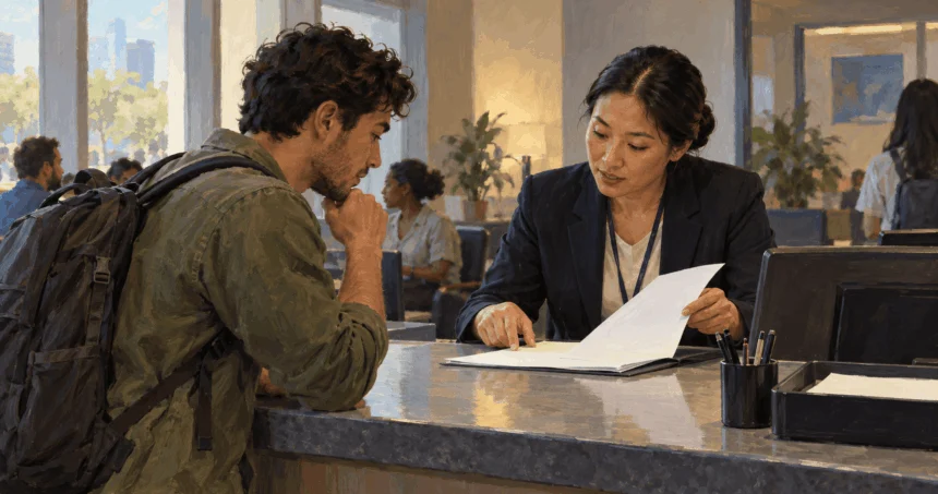 Conceptual painting of a consular worker and traveler reviewing blank documents.