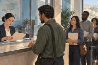 Conceptual painting of a consular officer managing a service window.