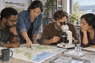 Conceptual painting of public-health analysts examining a map and sample.