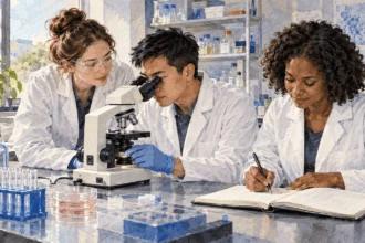 Conceptual painting of biomedical researchers studying a specimen.
