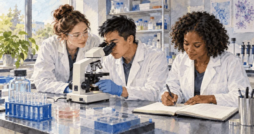 Conceptual painting of biomedical researchers studying a specimen.