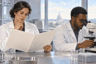 Conceptual painting of researchers considering a grant folder in a laboratory.