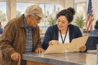 Conceptual painting of a Social Security worker helping an older visitor at a service counter.