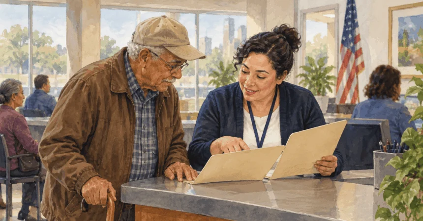 Conceptual painting of a Social Security worker helping an older visitor at a service counter.