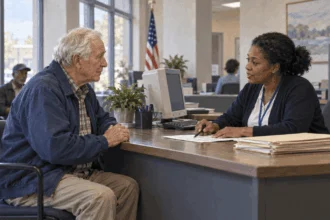 Conceptual painting of a visitor and SSA worker at an appointment.
