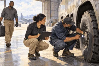 Conceptual watercolor of defense workers inspecting a transport vehicle in a hangar.