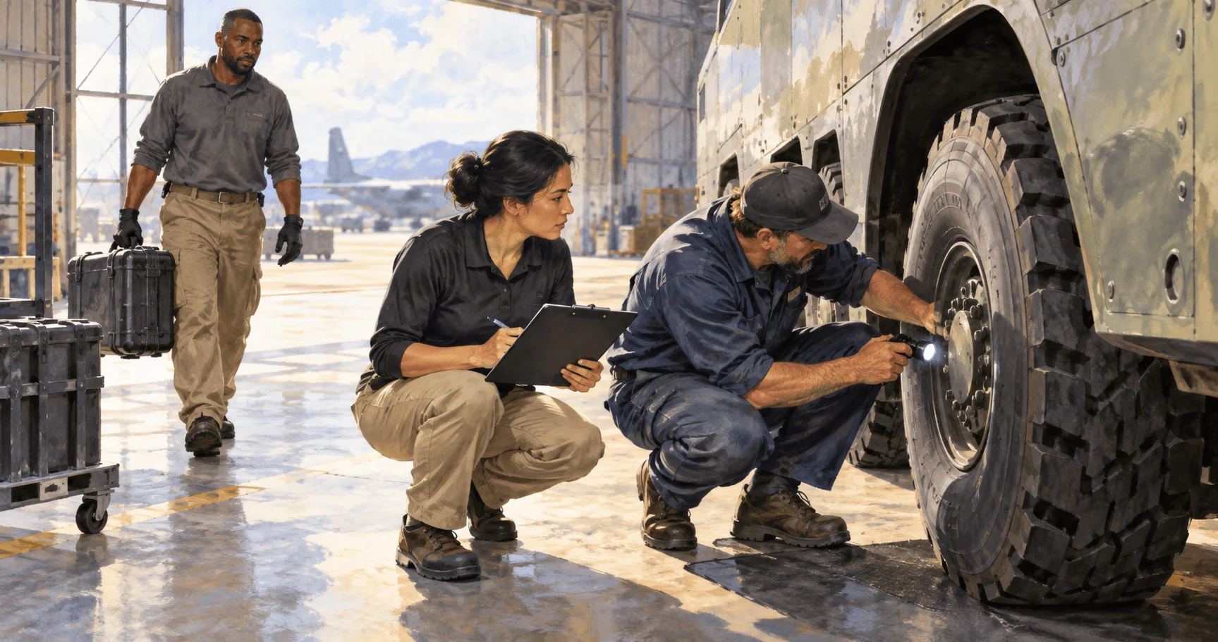 Conceptual watercolor of defense workers inspecting a transport vehicle in a hangar.