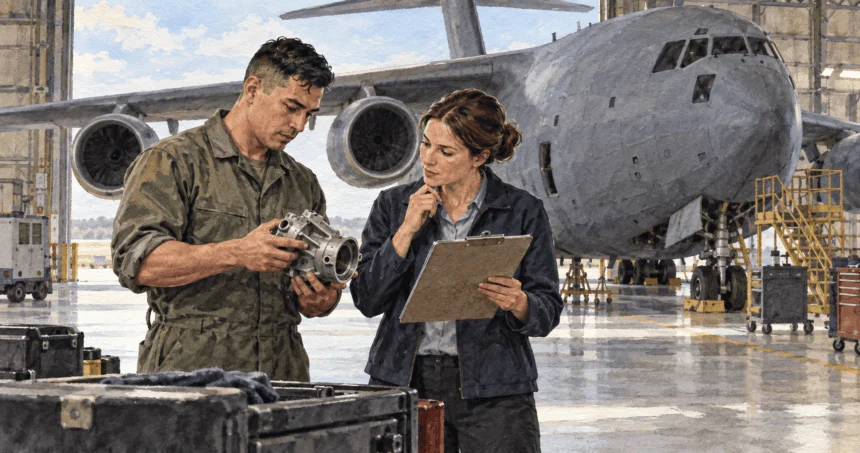 Military technician and logistics planner inspect a transport aircraft in a hangar.
