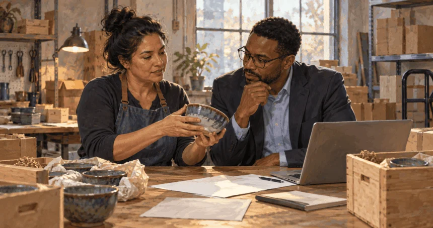Conceptual painting of a small-business owner and adviser examining a product sample.