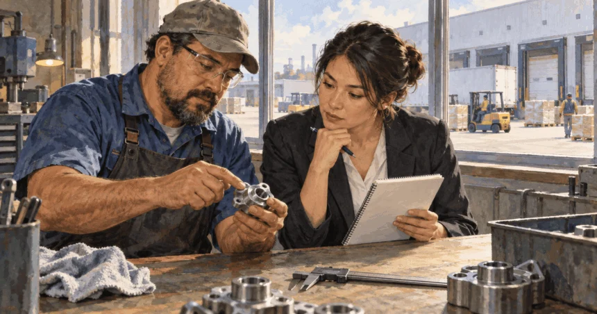 Conceptual watercolor of a factory worker and analyst examining an unbranded machine part.