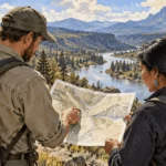 Conceptual painting of public-land and tribal specialists studying a river landscape.