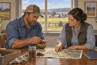 Painted illustration of an agricultural adviser and farmer examining soil and a field map.