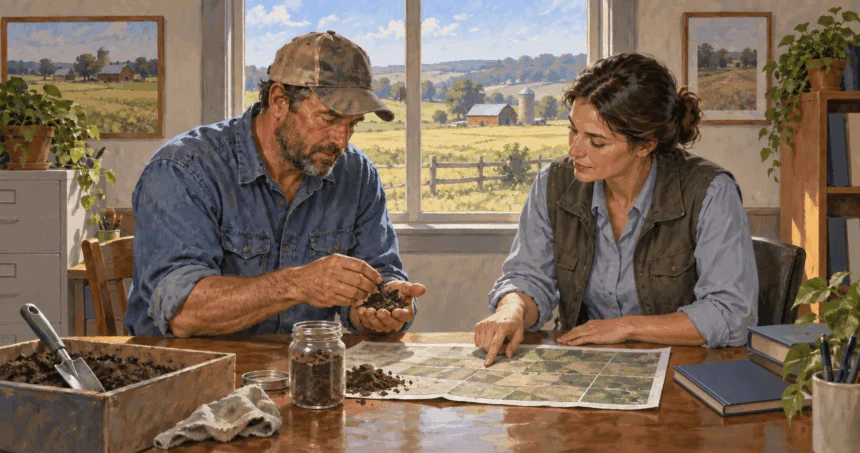 Painted illustration of an agricultural adviser and farmer examining soil and a field map.