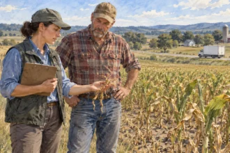 Agricultural worker and farmer assess a dry field as a food-distribution truck travels nearby.