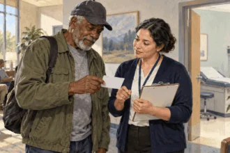Painted older veteran talking with a staff member in a medical clinic waiting area.