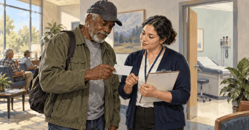 Painted older veteran talking with a staff member in a medical clinic waiting area.