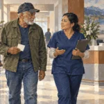 Painted illustration of veteran walking with a staff member through a hospital reception area.