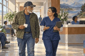 Painted illustration of veteran walking with a staff member through a hospital reception area.