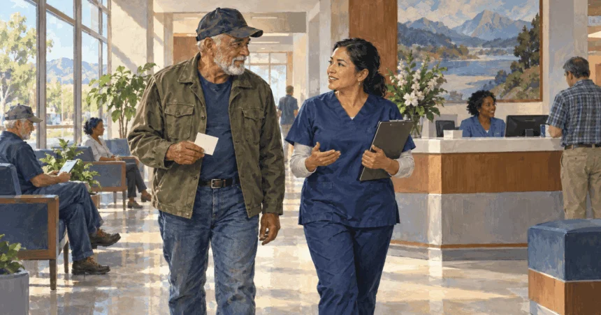 Painted illustration of veteran walking with a staff member through a hospital reception area.
