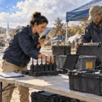 Conceptual painting of homeland-security workers setting up emergency communications after a storm.