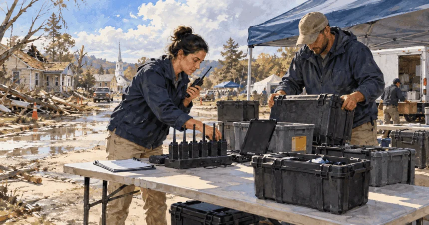 Conceptual painting of homeland-security workers setting up emergency communications after a storm.