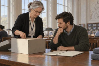 Conceptual painting of an archivist helping a researcher access records.