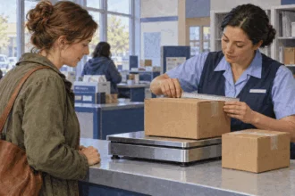 Conceptual painting of a customer and postal clerk comparing two parcels.