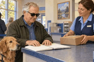 Conceptual painting of a braille reader mailing a book package.