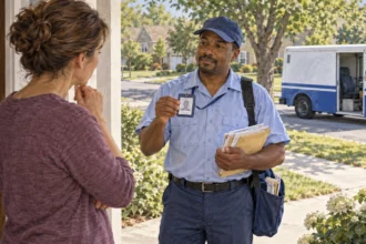 Resident asks a mail carrier for identification at a front door, with a delivery vehicle outside.