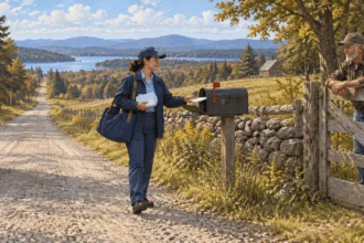 Conceptual painting of a carrier reaching a rural mailbox.