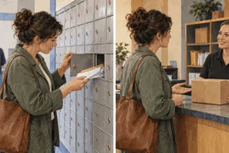 Conceptual two-scene painting comparing a wall of post-office boxes with a private mailbox service counter.