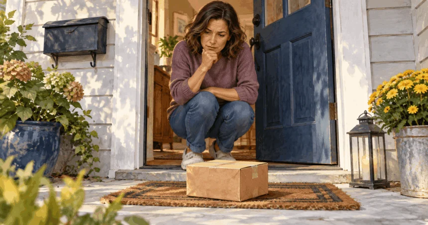 Painted illustration of a person examining an unmarked parcel at their front door.