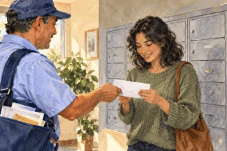 Conceptual painting of a resident receiving a sealed letter at apartment mailboxes.