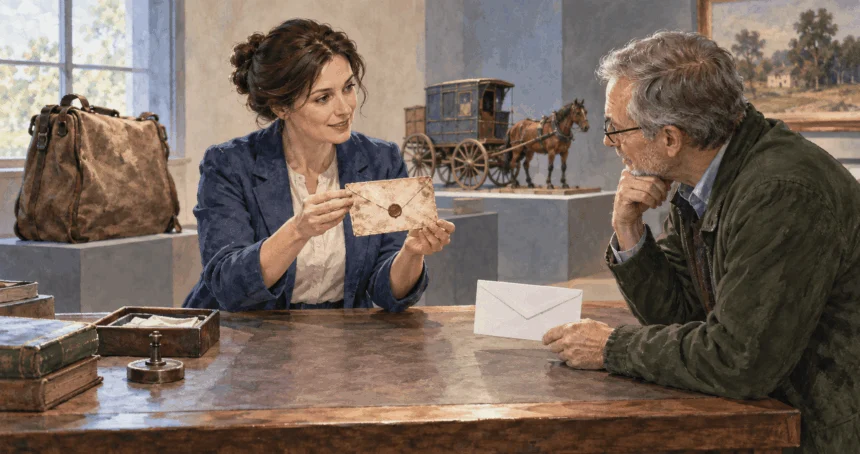 A museum curator compares older envelopes with a modern letter.