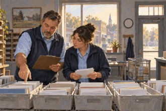 Painted illustration of a postmaster coordinating mail trays with a clerk.