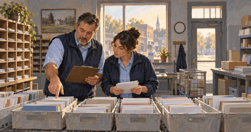 Painted illustration of a postmaster coordinating mail trays with a clerk.