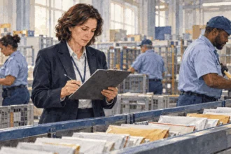 Inspector studies records beside ordinary mail operations in a sorting facility.