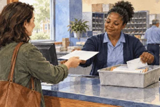 Conceptual painting of a customer arranging a temporary mail hold at a post office.
