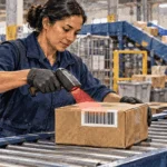 Conceptual painting of a postal worker scanning a parcel barcode on a sorting belt.