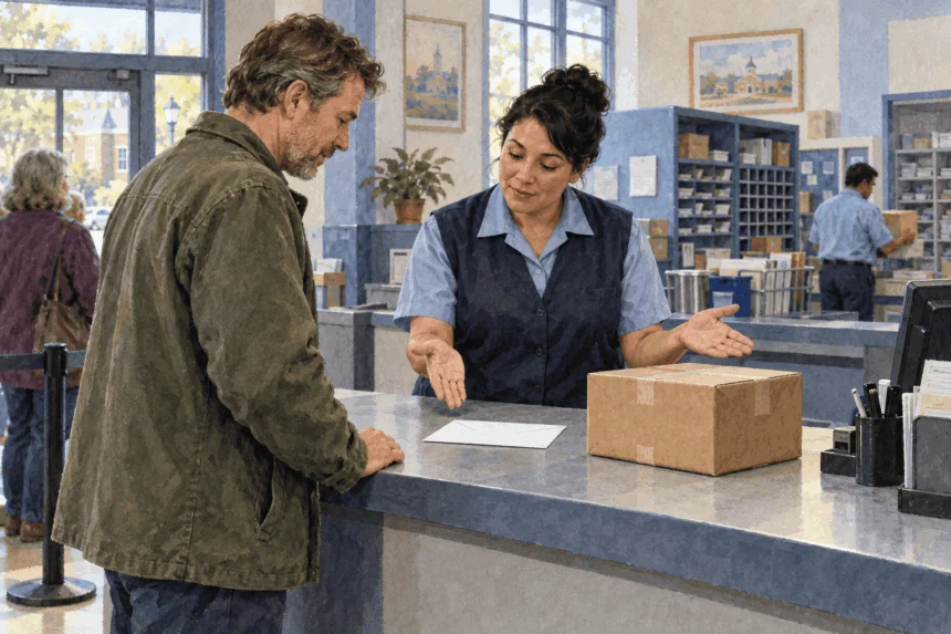 Painted illustration of a postal clerk discussing mailing options for a letter and parcel.