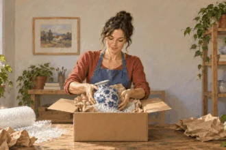 Painted illustration of a sender cushioning a ceramic vase inside a shipping box.