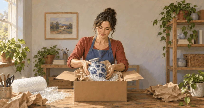 Painted illustration of a sender cushioning a ceramic vase inside a shipping box.