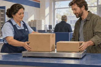 Conceptual painting of a customer comparing two shipping boxes.