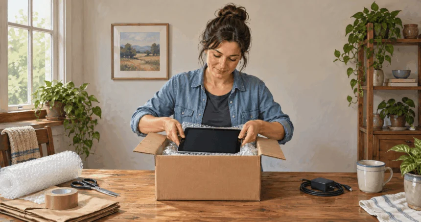 Painted illustration of a sender cushioning a tablet for mailing.