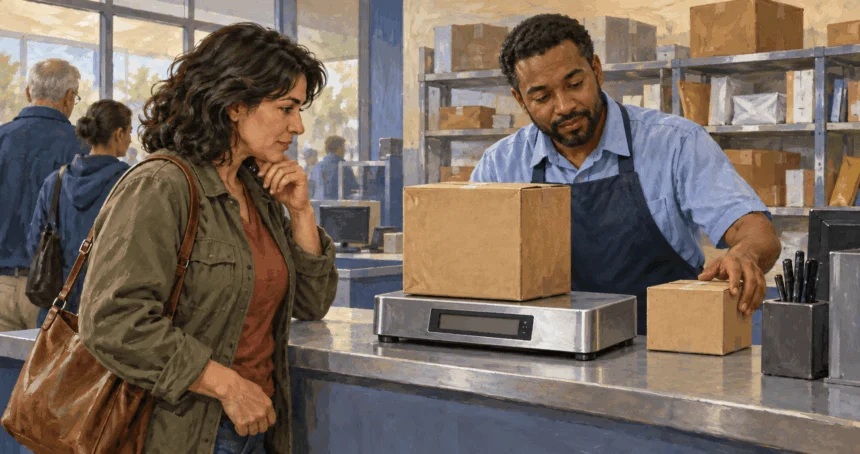Conceptual painting of a customer and clerk comparing parcels on a scale.