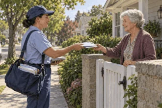 Conceptual painting of a postal carrier delivering letters to a resident.