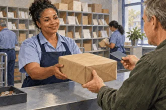 Conceptual painting of a postal worker accepting a blank parcel while a customer offers payment.