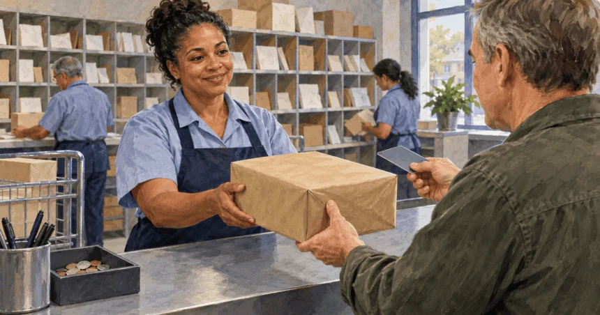 Conceptual painting of a postal worker accepting a blank parcel while a customer offers payment.