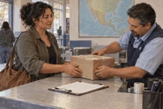 A customer prepares an international parcel at a postal counter.